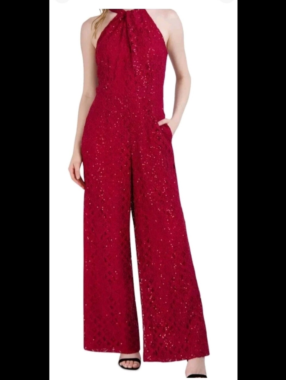 julia jordan Crimson Lace Wide-Leg Jumpsuit